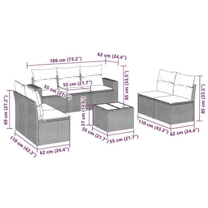 vidaXL Patio Sofa Set with Cushions Outdoor Furniture 7 Piece Poly Rattan