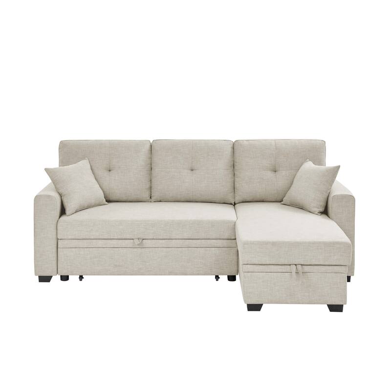 Beige Upholstered Sleeper Sofa Sectional with Chaise and Storage Modern Polyester Convertible