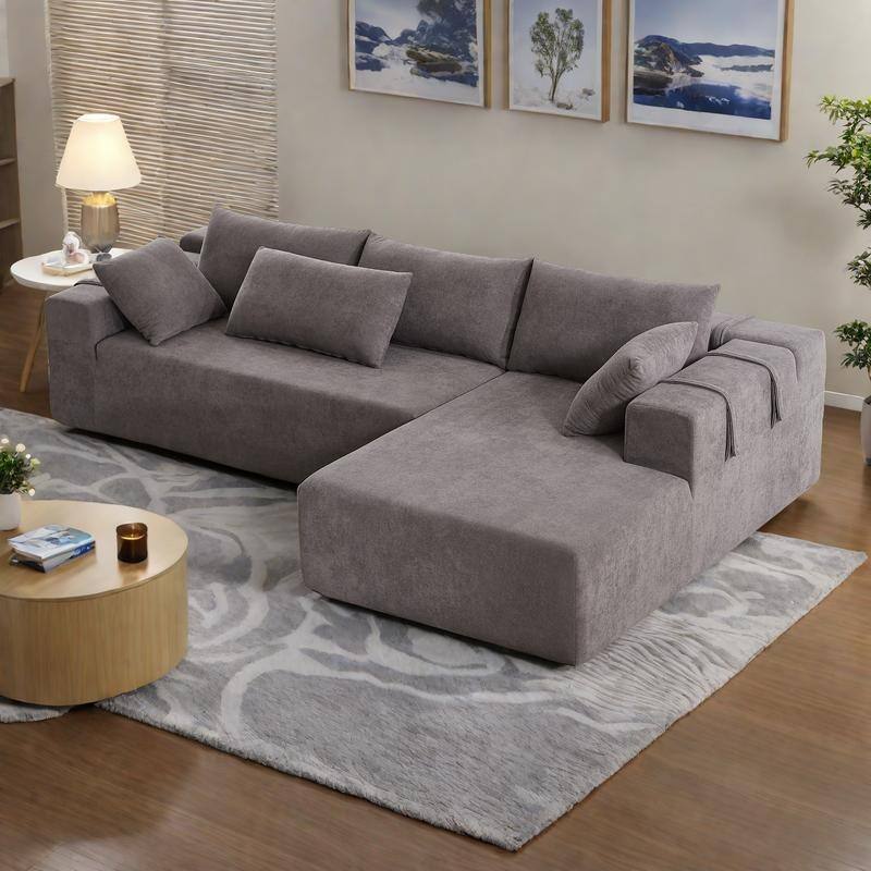 108" Chenille Modular L-Shaped Sectional Sofa with 6 Pillows, Reversible Chaise - Grey