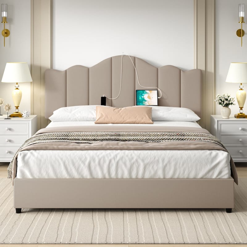 VECELO Platform Bed Frame with Type-C & USB Charging Stations Upholstered Adjustable Headboard Strong Wooden Slats Support - Beige - Queen