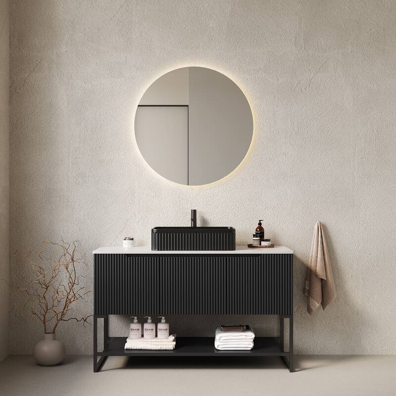 GDFStudio - Tulio 48" Freestanding Bathroom Vanity with 3 Doors, Open Shelf & Black Rectangular Ceramic Basin, WITHOUT Faucet - Black