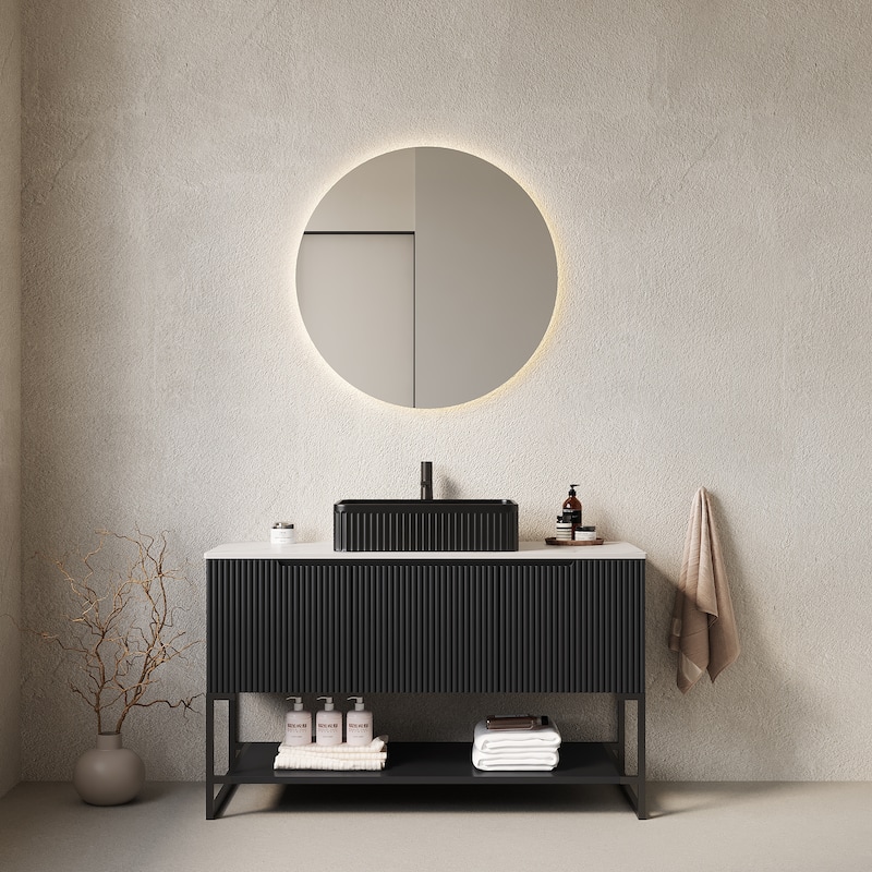 GDFStudio - Tulio 48" Freestanding Bathroom Vanity with 3 Doors, Open Shelf & Black Rectangular Ceramic Basin, WITHOUT Faucet
