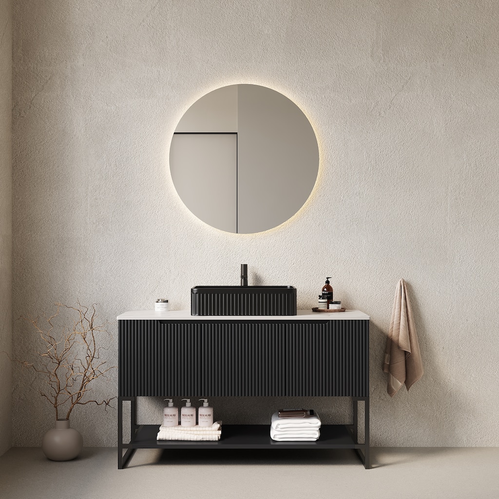 Wave-patterned Door Storage Cabinet Freestanding Bathroom Vanity with Black Matte Stripe Rectangular Vessel Ceramic Basin