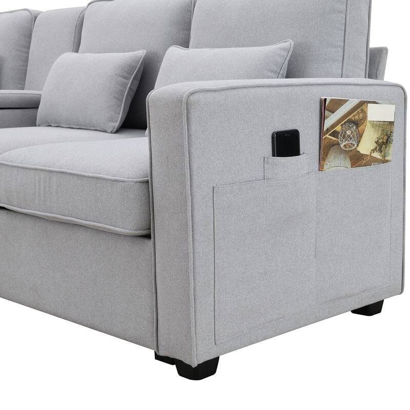 104"Upholstered Sofa Couch with Armrest Pockets and 4 Pillows, 4-Seater Modern Linen Fabric Sofa Minimalist Style Couches