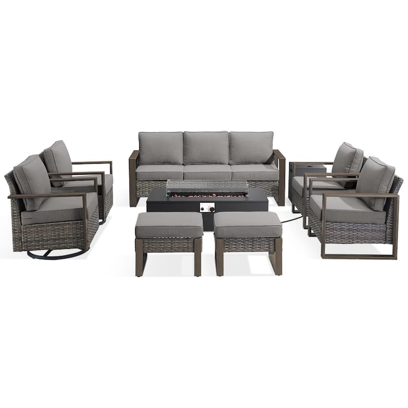 Meyreso Wicker Outdoor Patio Fire Pit Set with Swivel Gliders and 4.5-Inch Olefin Cushions