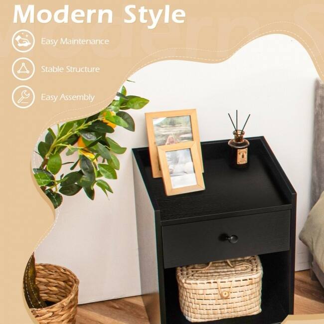 Set of 2 Nightstand with Drawer Cabinet End Side Table Raised Top