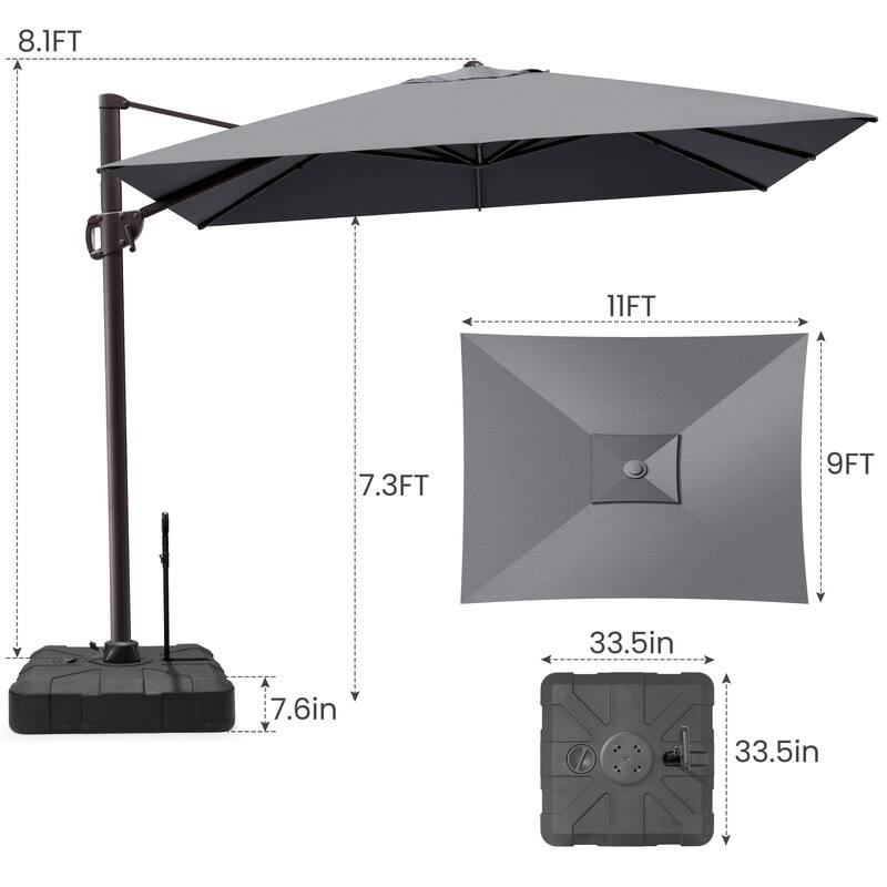 11 x 9 FT Outdoor Aluminum Cantilever Offset Umbrella with Base Stand