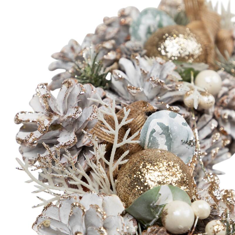 Green Pine Burlap Bows Artificial Glitter Christmas Wreath 13.75"
