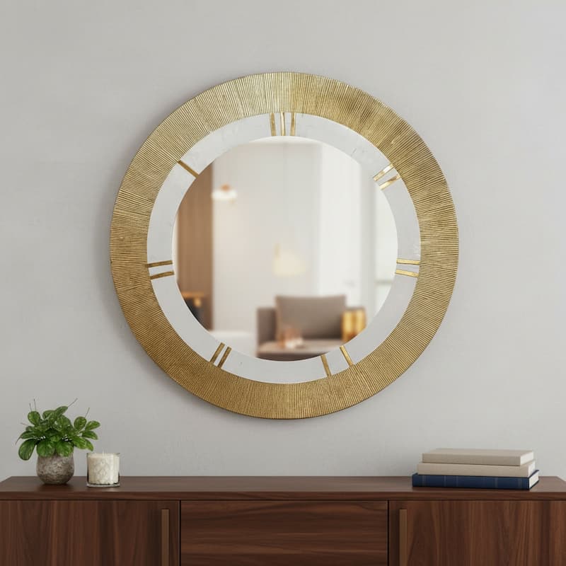 HomeRoots 36" Gold and White Round Aluminum Ribbed Edge Framed Accent Mirror - 36' X '36' X '0.8