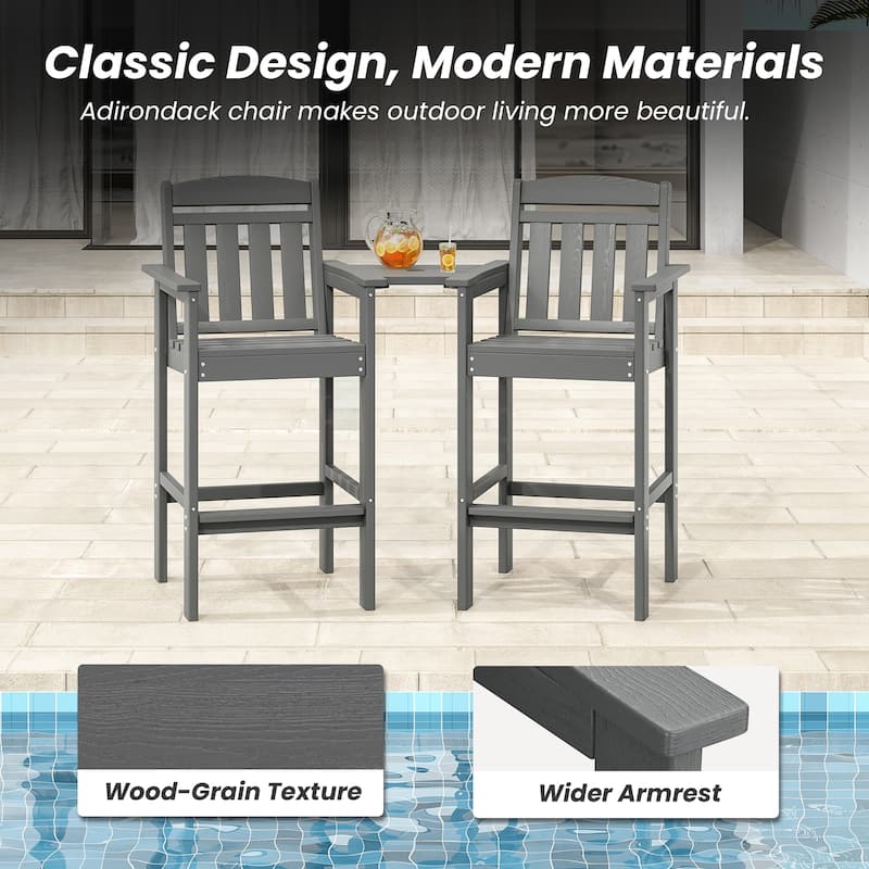 Set of 2 All-Weather HDPE Adirondack Bar Stools with Connecting Drink Tray, Tall Patio Bar Height Chairs for Poolside & Backyard