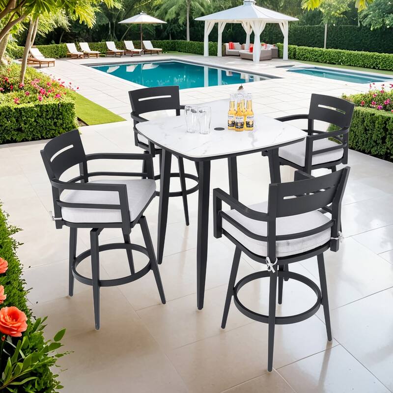 5-Piece Outdoor Aluminum Bar Set with Swivel Chairs, Sunbrella Cushion - 5-Piece