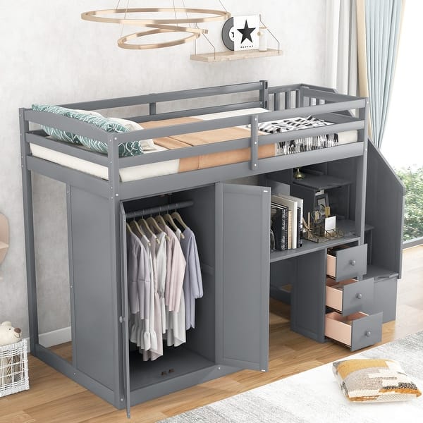 slide 2 of 36, Twin Loft Bed with Wardrobe, Desk, Drawers, Cabinet, and Staircase, Grey Grey