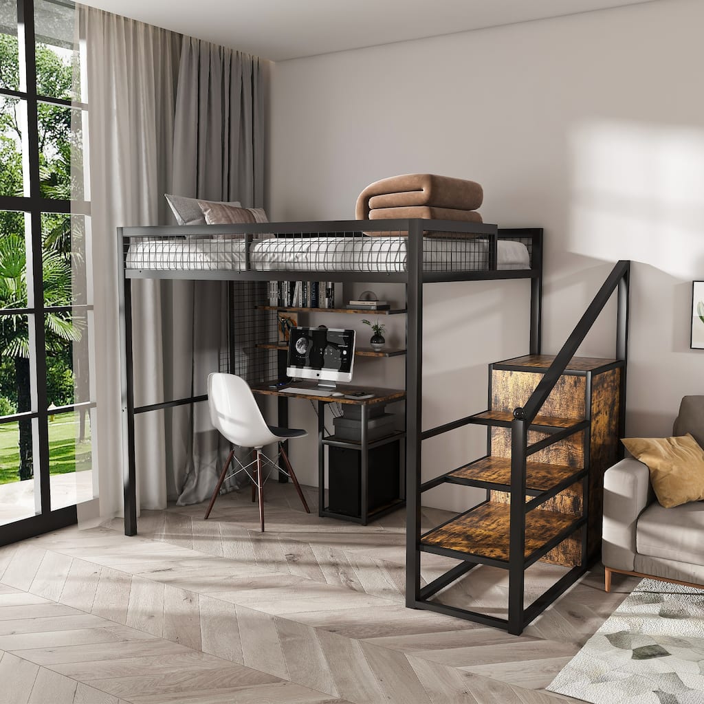 Full-Size Loft Bed w/Desk & Wardrobe - Heavy Metal Frame, Built-In Staircase, Storage Rack & Shelves