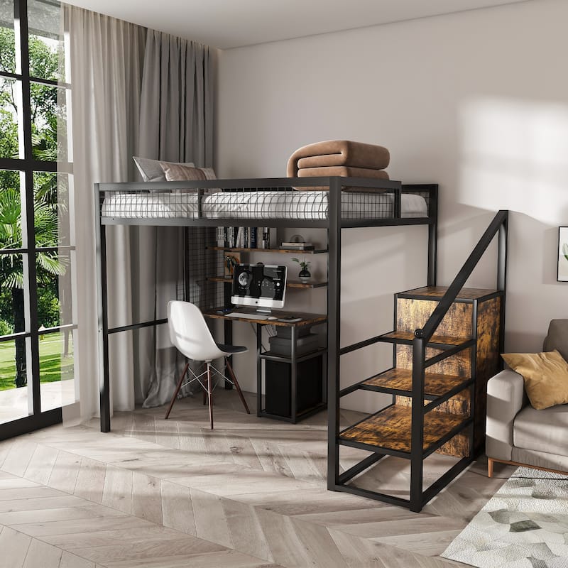 Full-Size Loft Bed with Desk, Wardrobe, and Charging Station - Space-Saving Design for Small Spaces - Black