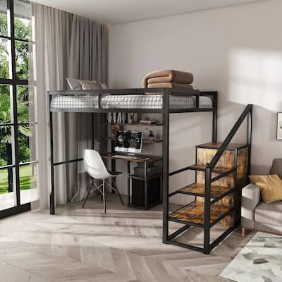 Full-Size Metal Loft Bed w/Desk, Wardrobe, Staircase & Storage – Gaming Bed w/USB/Outlet (Black)