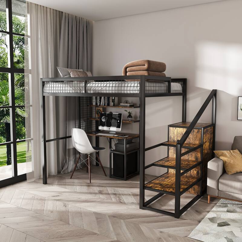 Full-Size Metal Loft Bed with Desk & Wardrobe, Built-In Staircase, Storage Shelves, Gaming/Study Bed with USB & Power Outlet - Black