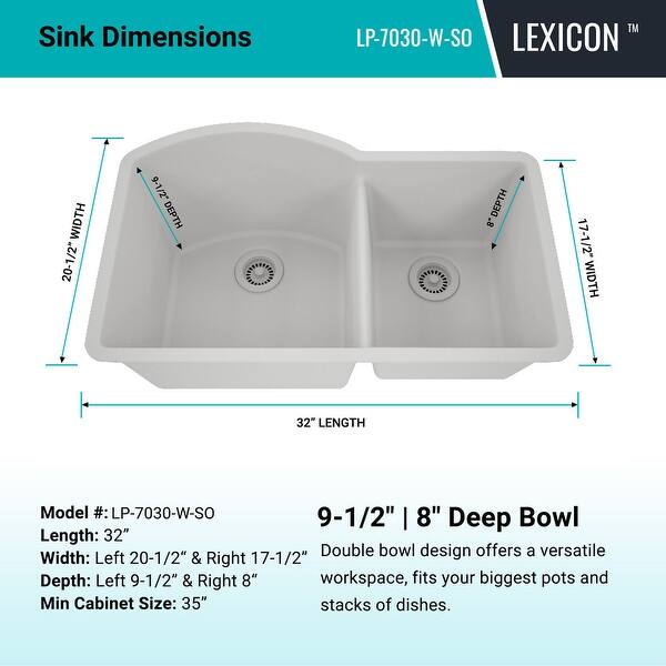 dimension image slide 1 of 2, Lexicon 32 Inch Platinum Quartz Composite Drop-in Undermount Double Bowl Galaxy White Kitchen Sink LP-7030-W-SO