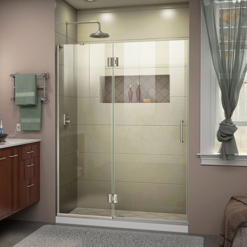 DreamLine Unidoor-X 53 in. W x 72 in. H Frameless Hinged Shower Door - Left-Wall Installation - Brushed Nickel Finish