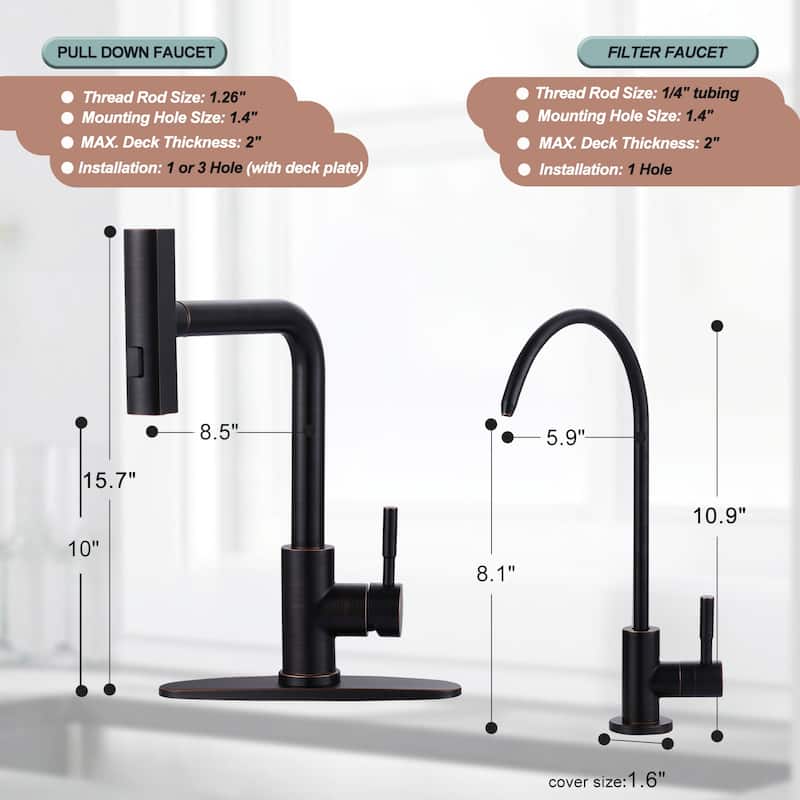 WOWOW Modern-Style Three-Function Pull-Down Kitchen Faucet with Filter Faucet