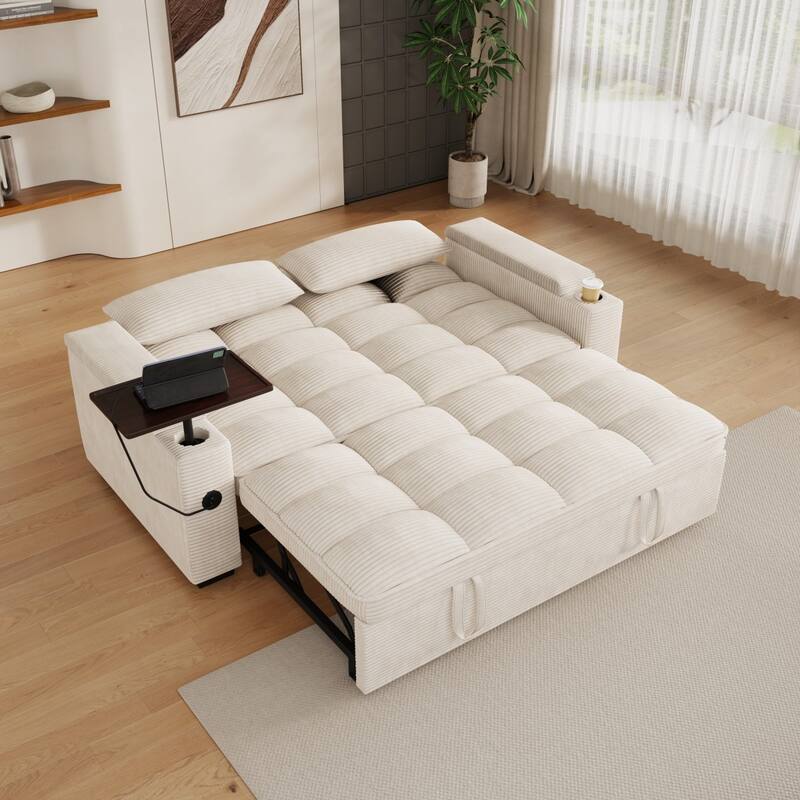 65'' Chenille 3-in-1 Folding Sectional Sofa with 360-Degree Swivel Side Table