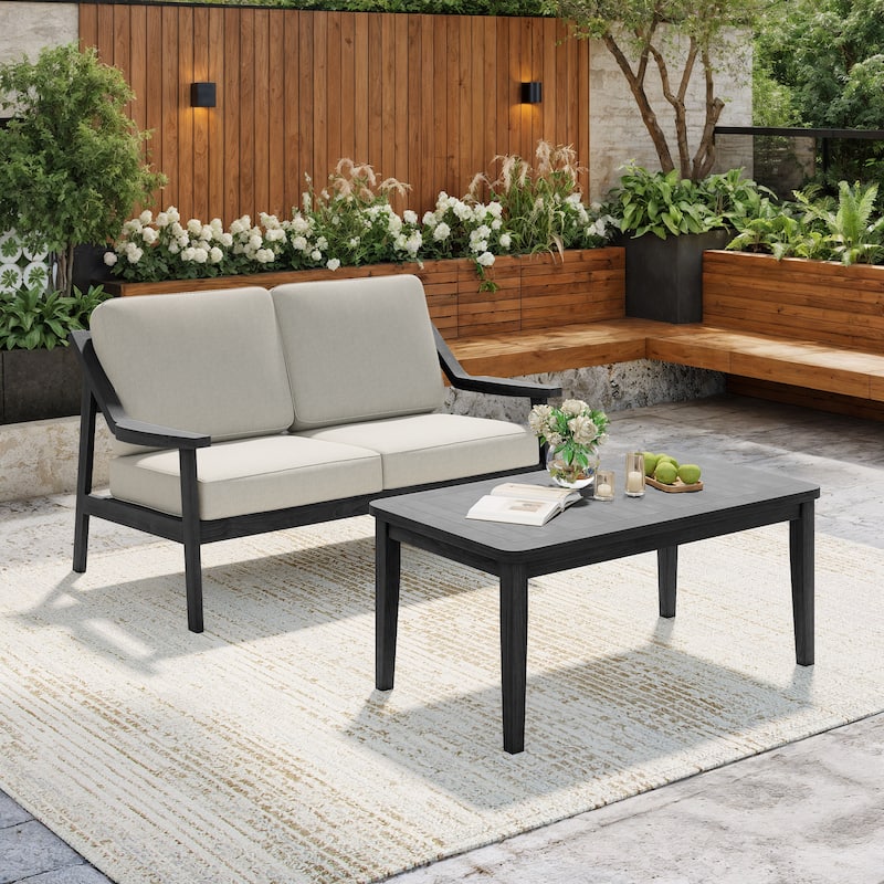 Outdoor Patio Wood Bistro Set/Loveseat Set - Black/Light Camel - 2-piece