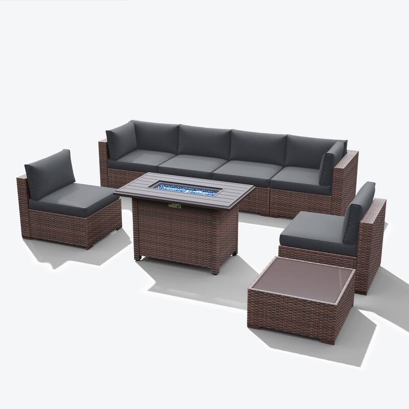 Outdoor 8 Pieces Sectional Wicker Sofa Set with Fire Pit