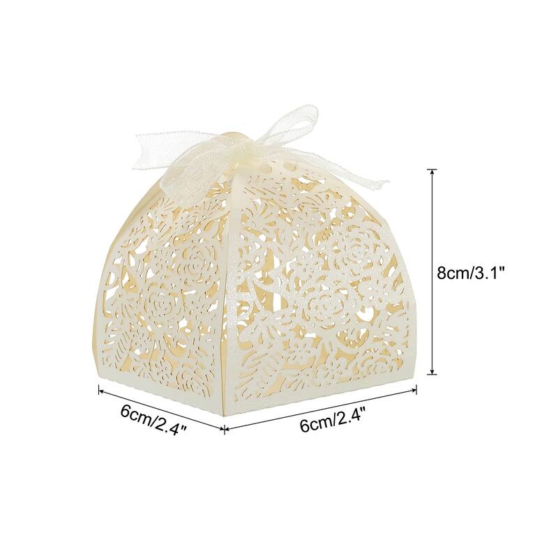 25Pcs Paper Hollow Laser Cut Wedding Favor Candy Boxes with Ribbon - Beige
