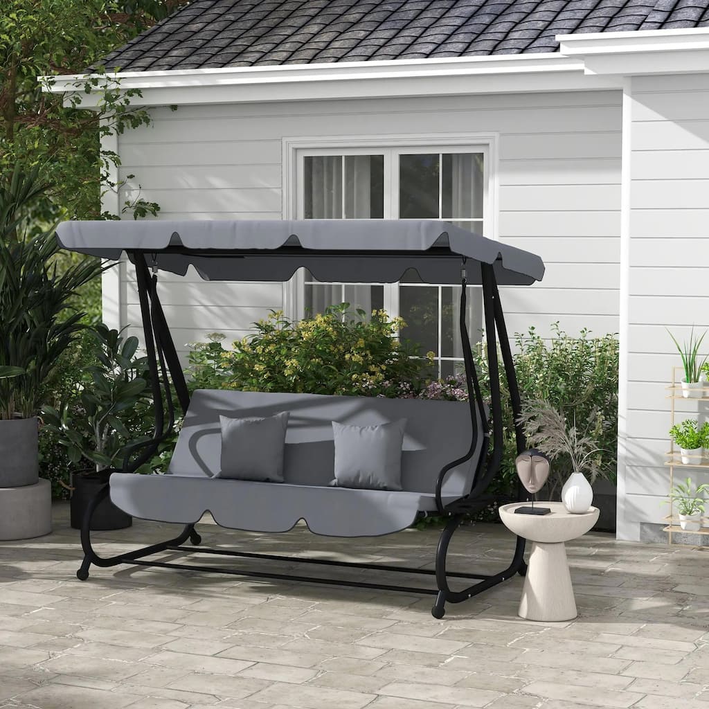 3-Seat Convertible Patio Swing Glider, Cushion Set, Adjustable Canopy