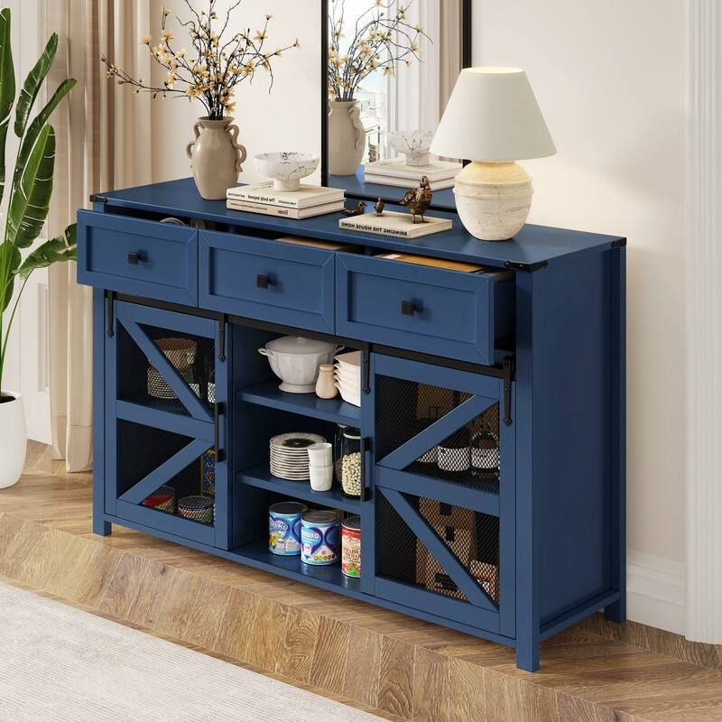 Farmhouse 55" Sideboard with 2 Sliding Barn Doors and 3 Drawers for Stylish Home Storage Solution