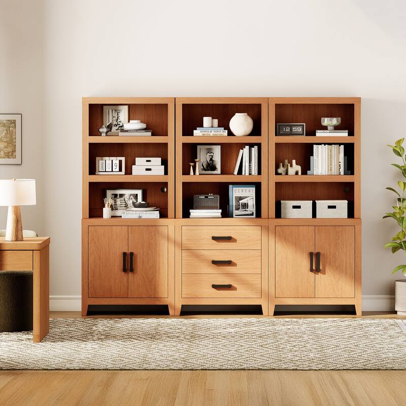 WAMPAT 74" 3-Piece Tall Bookshelf, Farmhouse Bookcase with Doors & Drawers for Living Room & Office