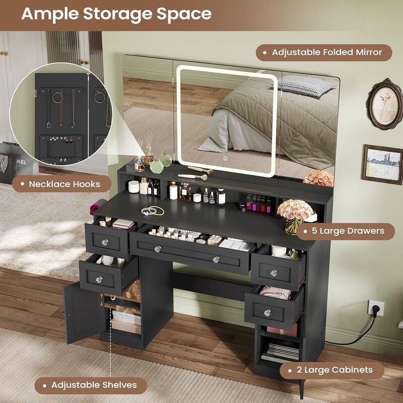 Makeup Vanity Trifold Mirror Charging Station 5 Drawers LED Light Hidden Jewelry Hook