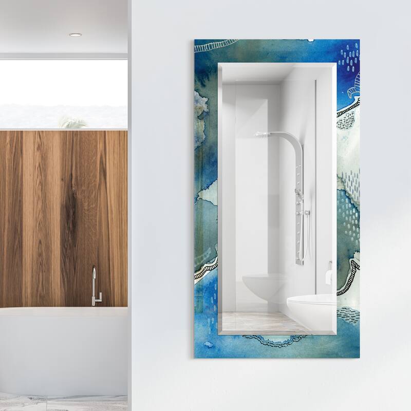"Subtle Blue"Abstract Rectangular Beveled Wall Mirror on Free Floating Tempered Glass - Multi - 54" x 28" x 0.4"