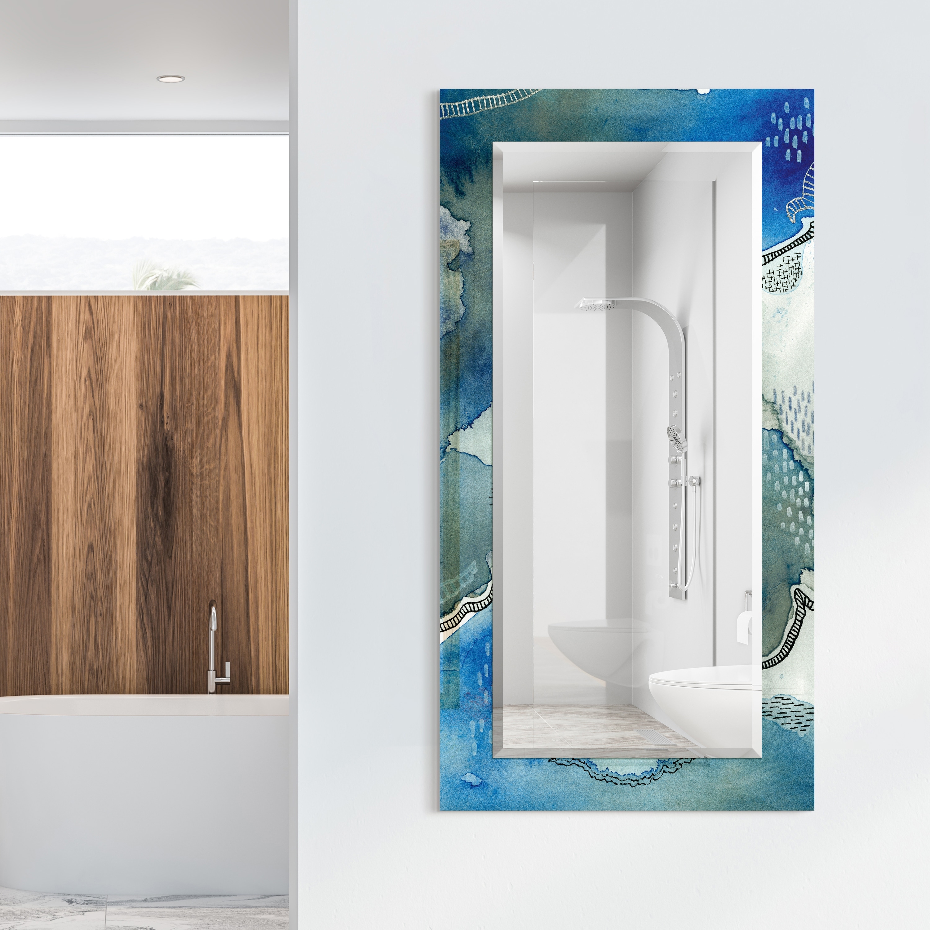 Subtle Blues Rectangular Beveled Mirror on Free Floating Printed Tempered Art Glass - Clear - 54" x 28"