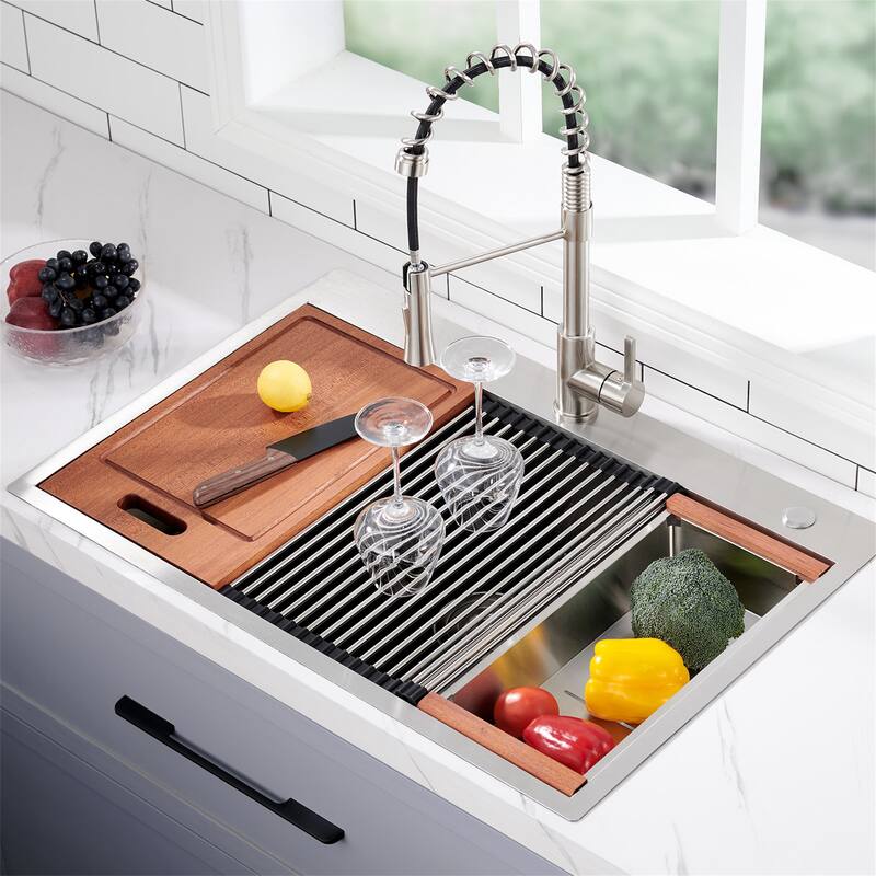 28" x 22" Drop-In Stainless Steel Workstation Sink - 18-Gauge Handmade Single Bowl Kitchen Sink with R10 Corners Accessories
