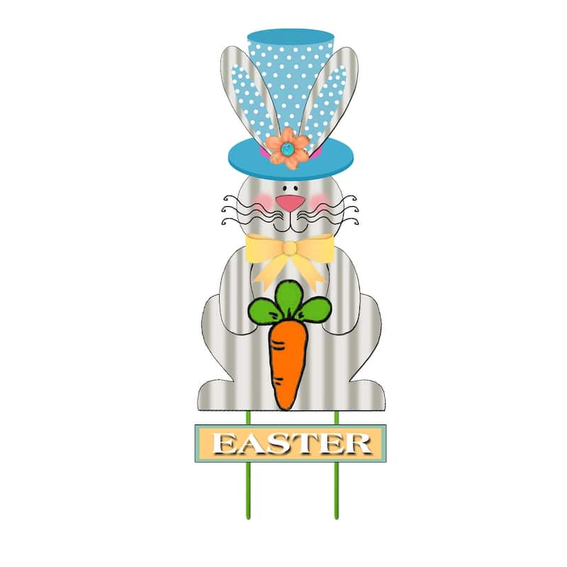 31.5" Welcome Easter Bunny Garden Stake w/ Blue Hat