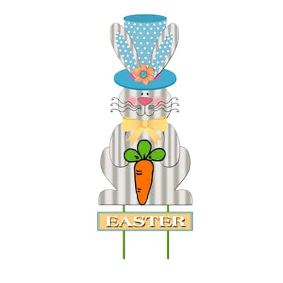 31.5" Welcome Easter Bunny Garden Stake w/ Blue Hat