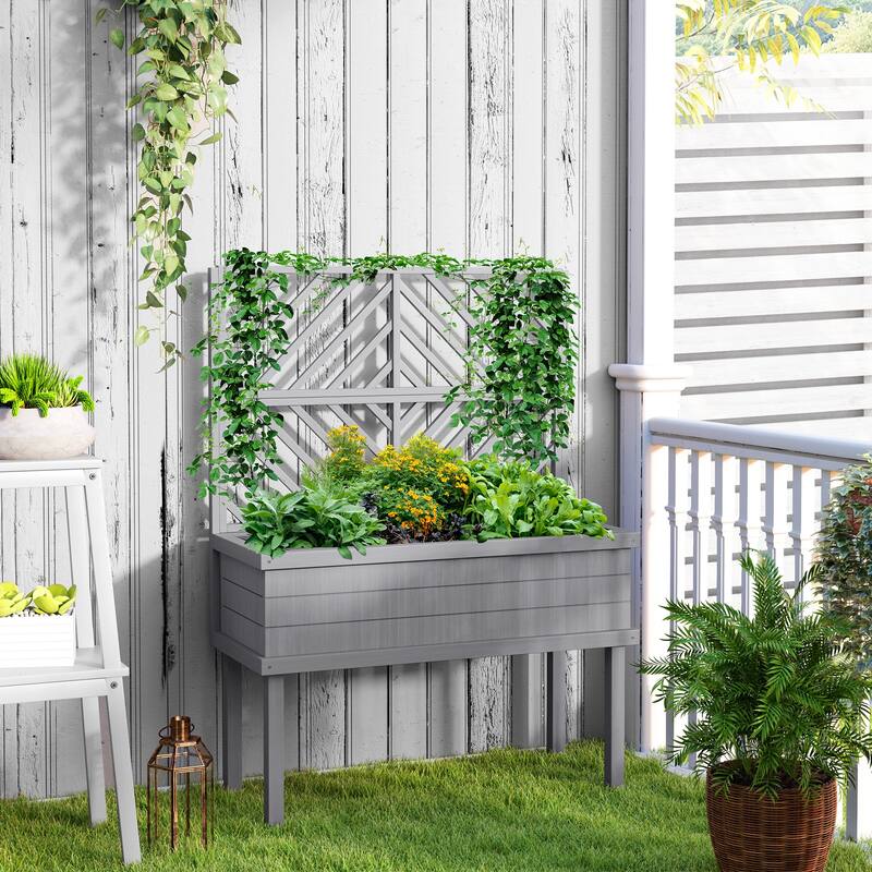 Outsunny Raised Garden Bed with Trellis for Climbing Plants, Vegetable, Grape Vines, Flowers, Wood Planter with Legs