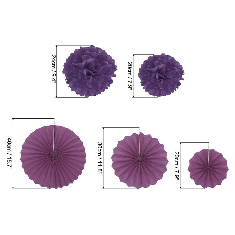 Hanging Paper Fans Set Paper Flower Decorations for Party 14pcs - Purple