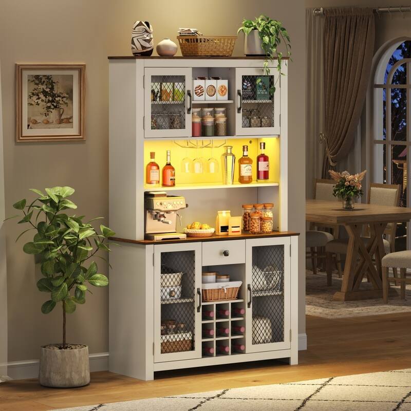 70.9" Kitchen Pantry Storage Cabinet with LED Light Strip, Power and USB Outlets