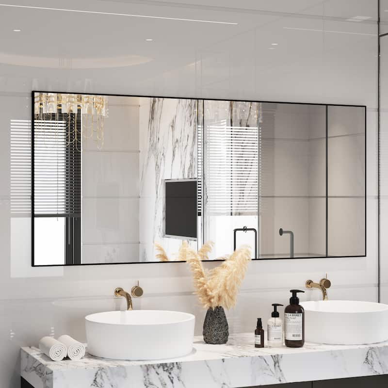 Aluminum Alloy Framed Wall Mounted Bathroom Vanity Accent Mirror in - 72" * 32" - Black