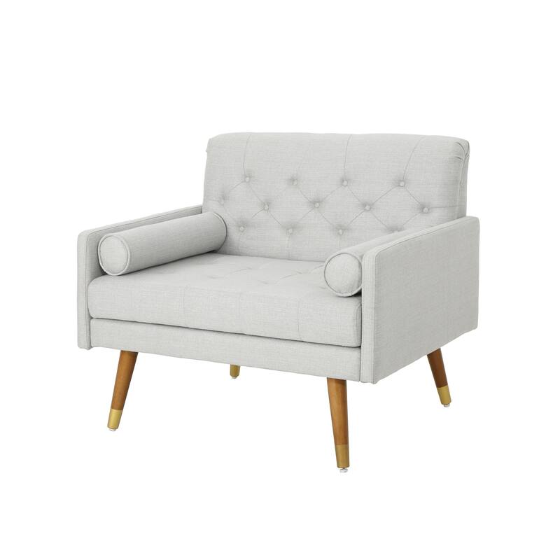 Light Grey Modern 38.25" Upholstered Button Tufted Club Chair with Bolster Pillows and Rubber Wood Legs