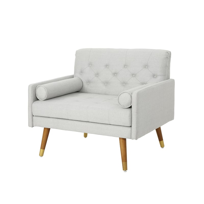 Modern 38.25" Upholstered Button Tufted Club Chair with Bolster Pillows and Rubber Wood Legs
