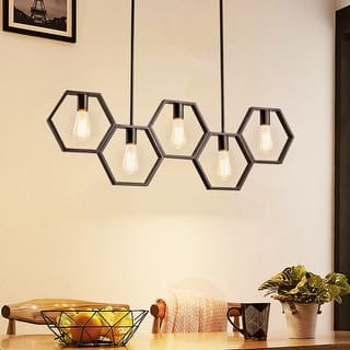 5-Light Mid-Century Modern Matte Black Geometric Pendant Island Lighting - 38.5 in. W x 72 in. H
