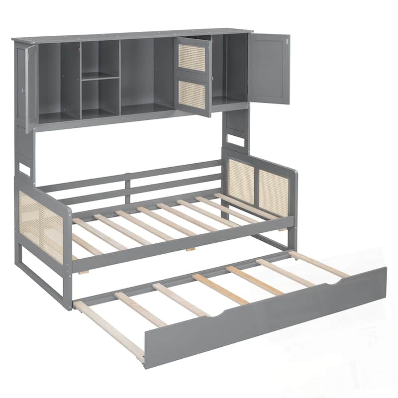Wooden Daybed With Twin Size Trundle and All-in-One Cabinet and Shelf