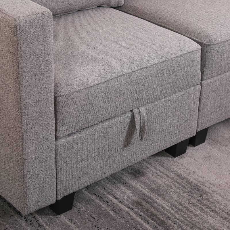 87" Burlap L-Shaped Modular 3-Seater Sofa with Ottoman & Storage