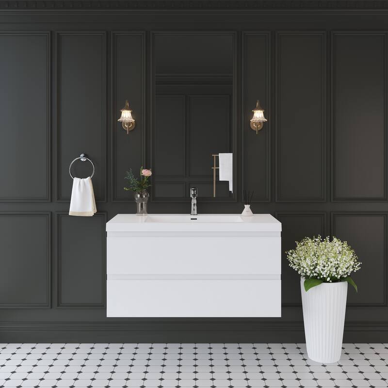 Modern Wall-Mounted Bathroom Vanity with White Solid Surface Top - 41.93'' x 19.69'' x 22.44'' - White