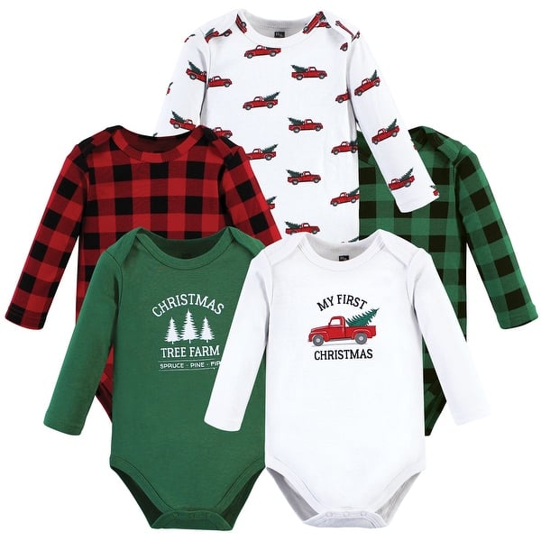 slide 1 of 1, Hudson Baby Unisex Baby Cotton Long-Sleeve Bodysuits, Christmas Tree 0-3 Months - Christmas Tree 5-Pack