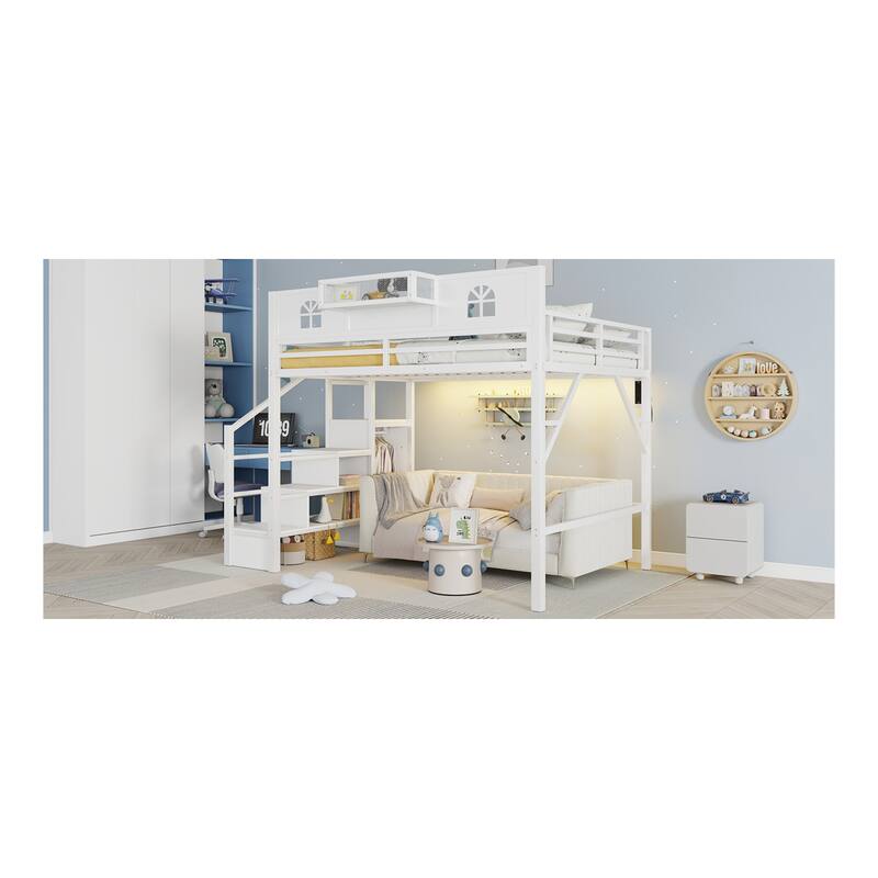 Roomfitters Full/Queen Metal Loft Platform Bed, Staircase Wardrobe and LED Charging Station with House Guardrails for Bedrooms