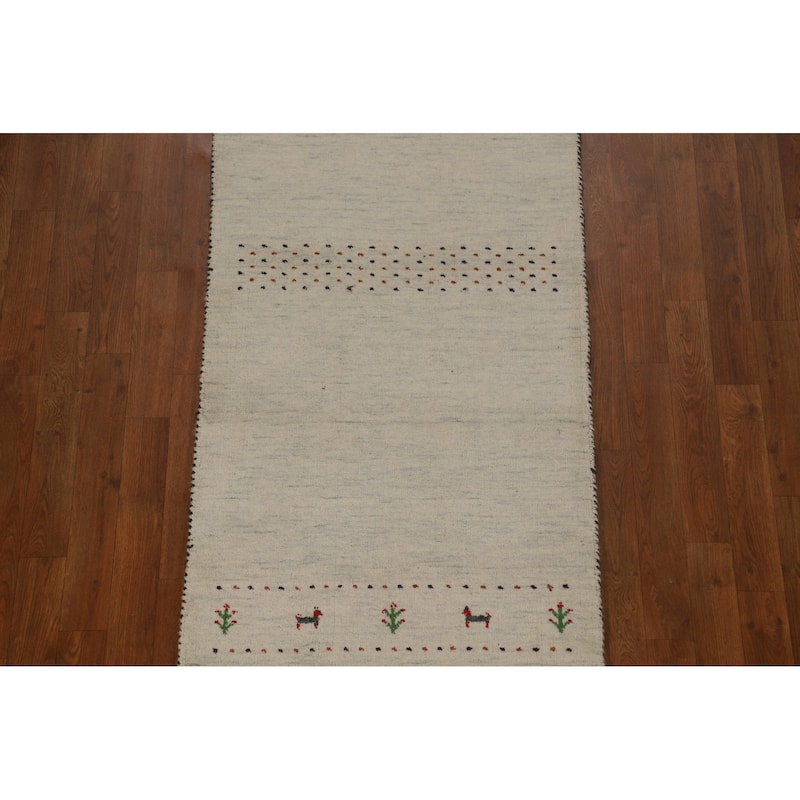 Little Animals Design Gabbeh Runner Rug Handmade Beige Wool Carpet - 2'6" x 11'3"