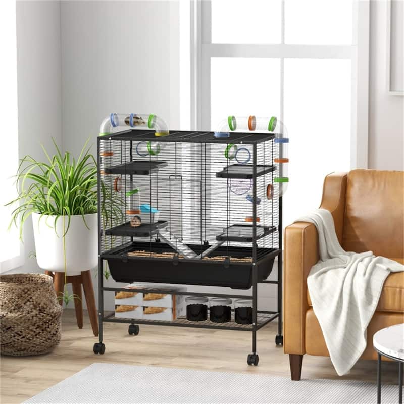 Hamster Cage with Four wheels and storage shelf - 32.3"L x 18.1"W x 42.9"H - Black